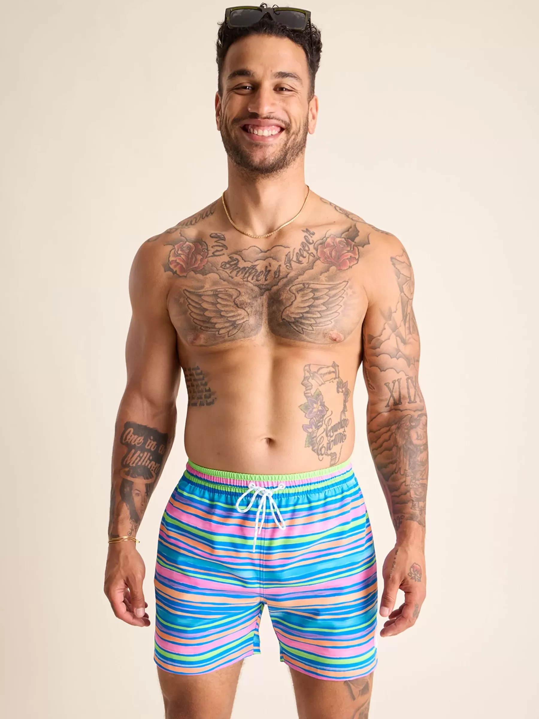 Chubbies Shorts Classic Swim Trunks | Classic Swim Trunks>The Rainbow Statics Blue/Pink/OrangeStripe