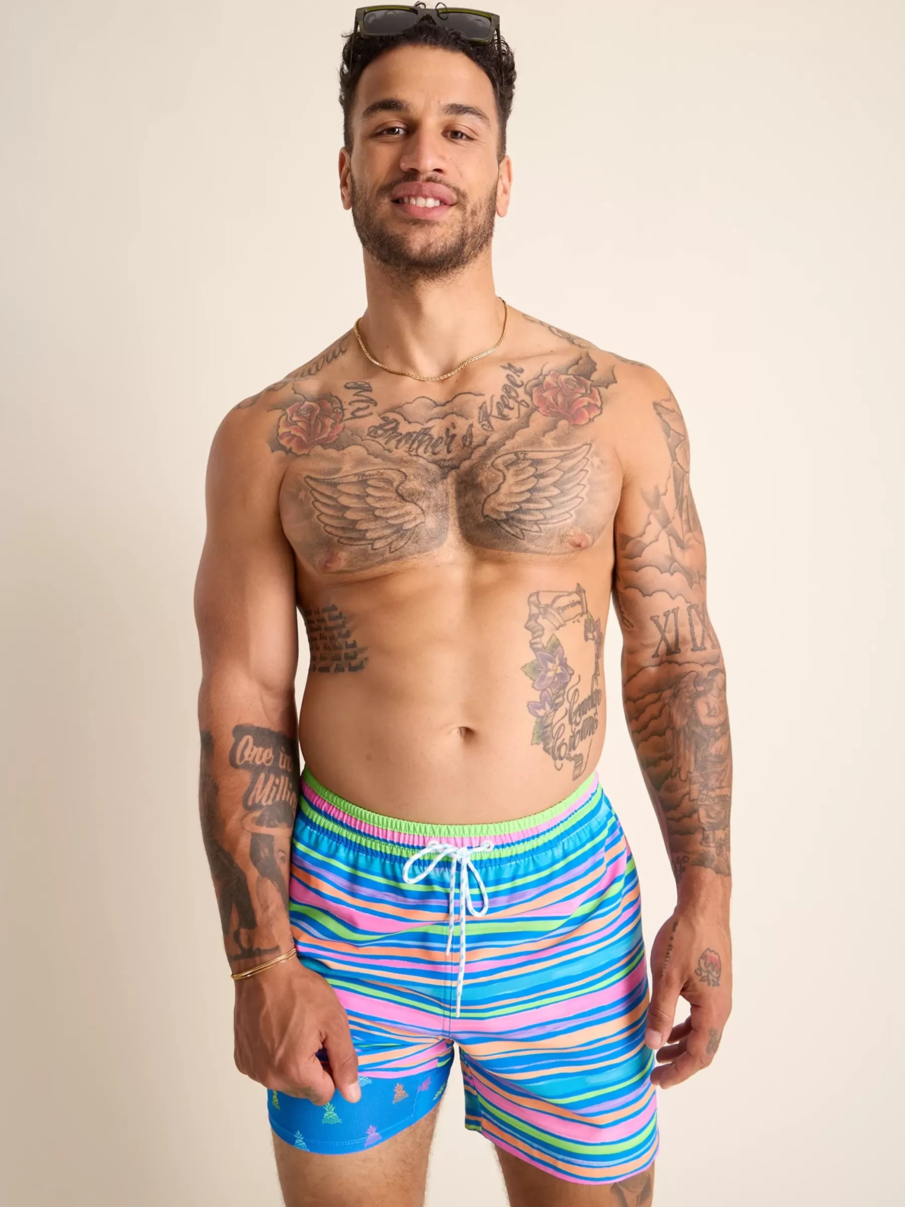 Chubbies Shorts Lined Classic Swim Trunks | Lined Classic Swim Trunks>The Rainbow Statics Blue/Pink/OrangeStripe