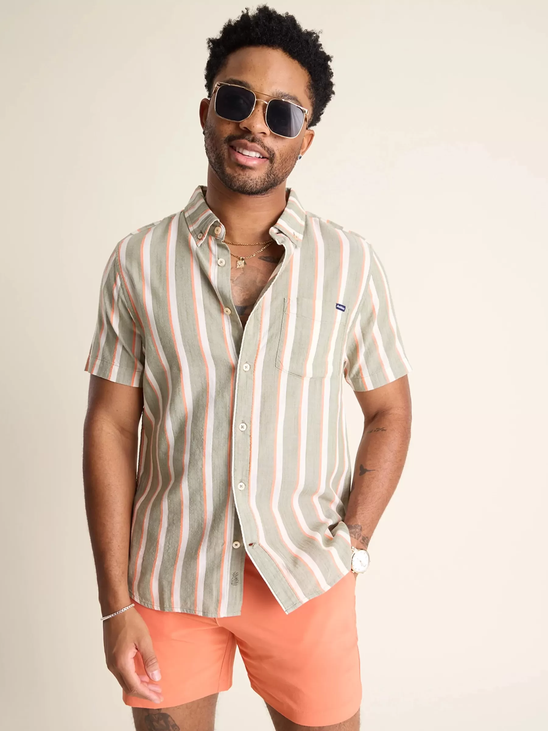 Chubbies Shorts Button Ups>The Sahara Breeze Olive/Orange/WhiteStripe