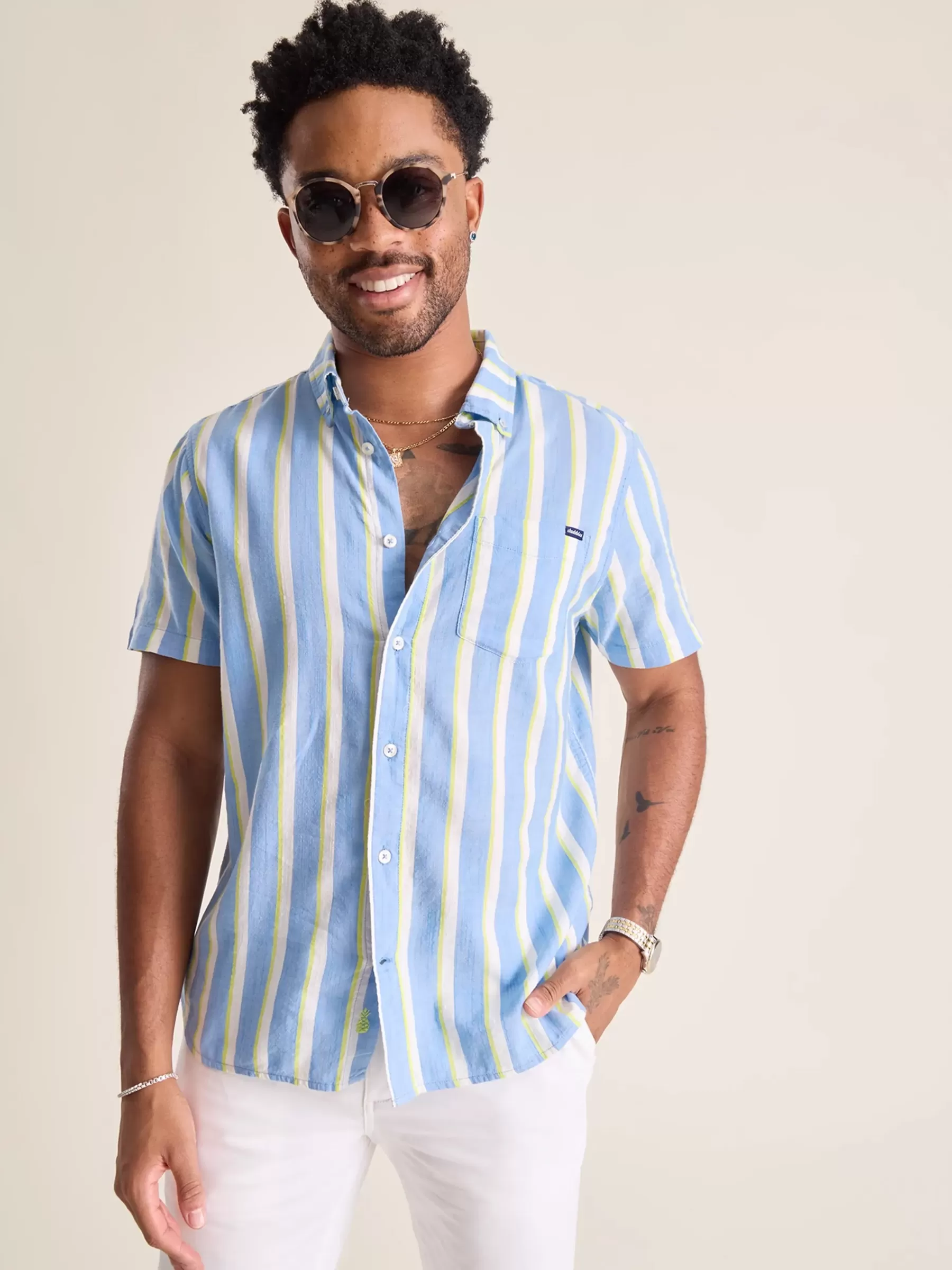 Chubbies Shorts Button Ups>The Stripe It Down Blue/White/YellowStripe